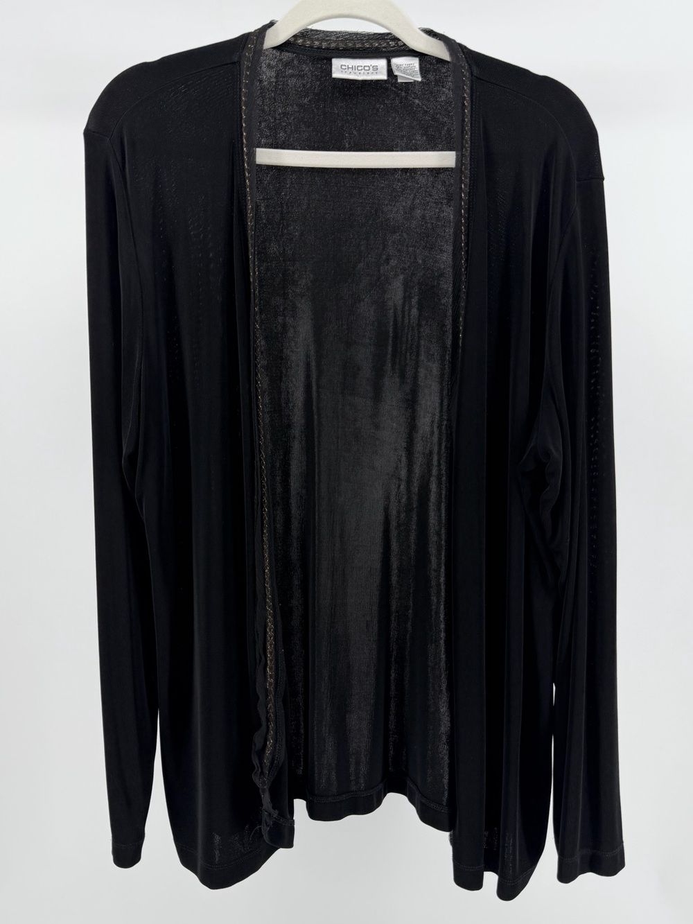 Chico's Travelers Black Open Front Cardigan, Gold Chain Trim, Women's Large (2)